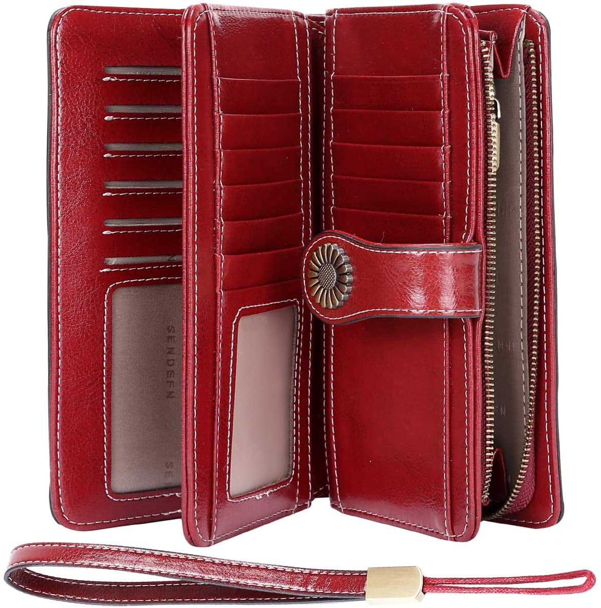 Wine Red SENDEFN Womens Wallet with RFID Protection Large Capacity Genuine Leather Wallet for Women 