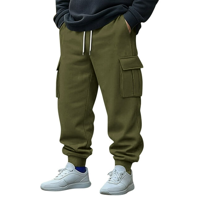 Lovzfmll Men's Utility Style Joggers, Solid Color with Cargo Pockets, Elastic Drawstring Waist and Tapered Hem Army Green, L