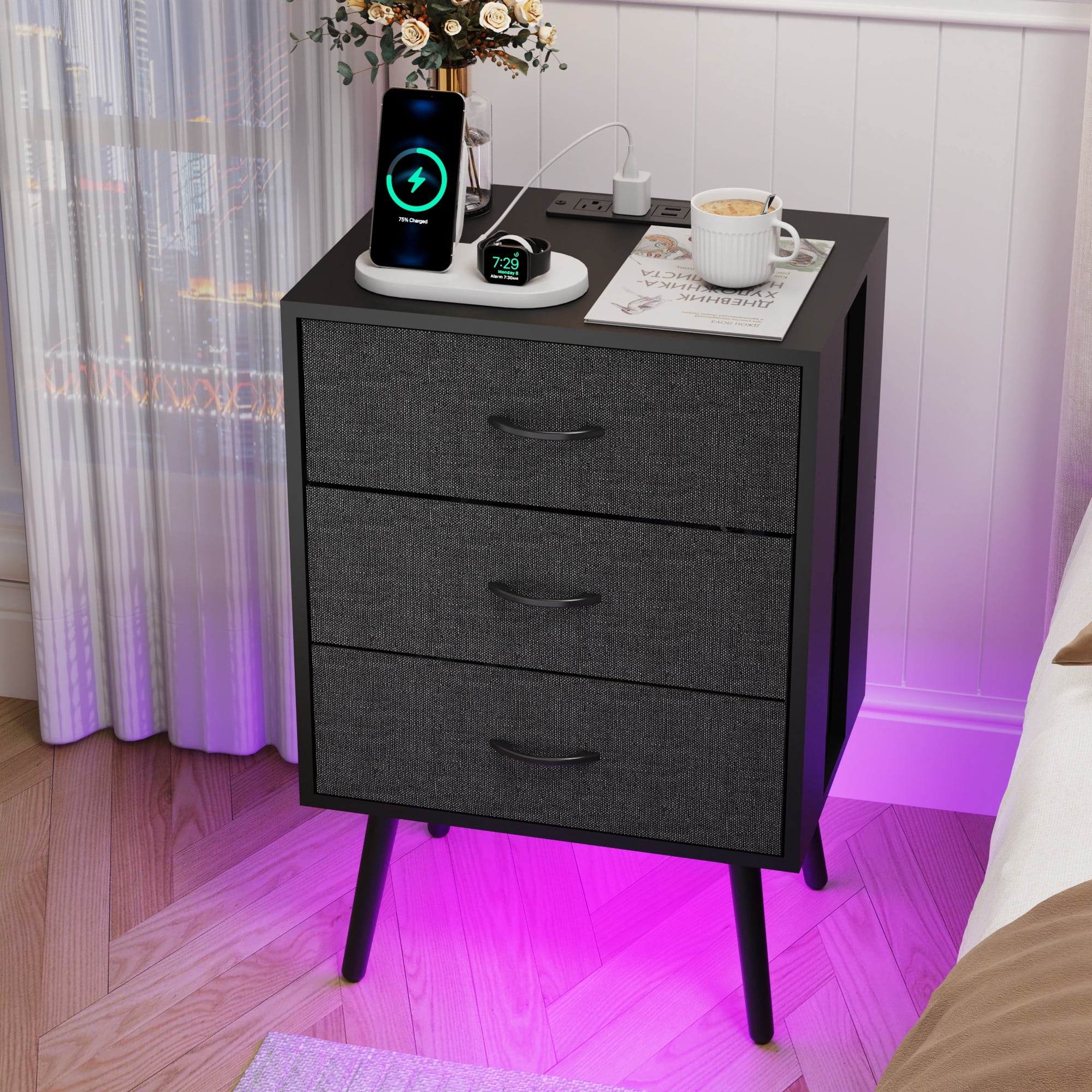 Nightstand Set of 2, Holaki Nightstand for Bedroom with Charging Station, Modern Nightstand with 3 Storage Drawer & 20 Colors LED Lights, Bedside Table for Living Room, Black