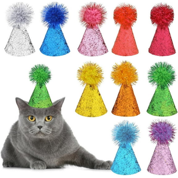 Vorkoi 10 Packs Multi-Color Cat Birthday Hat Cute Dog Party Hats with Pom Poms Glitter Adjustable Mini Dog Birthday Party Hats for Kittens Rabbits Dogs Stuffed Animals Party Grooming Supplies