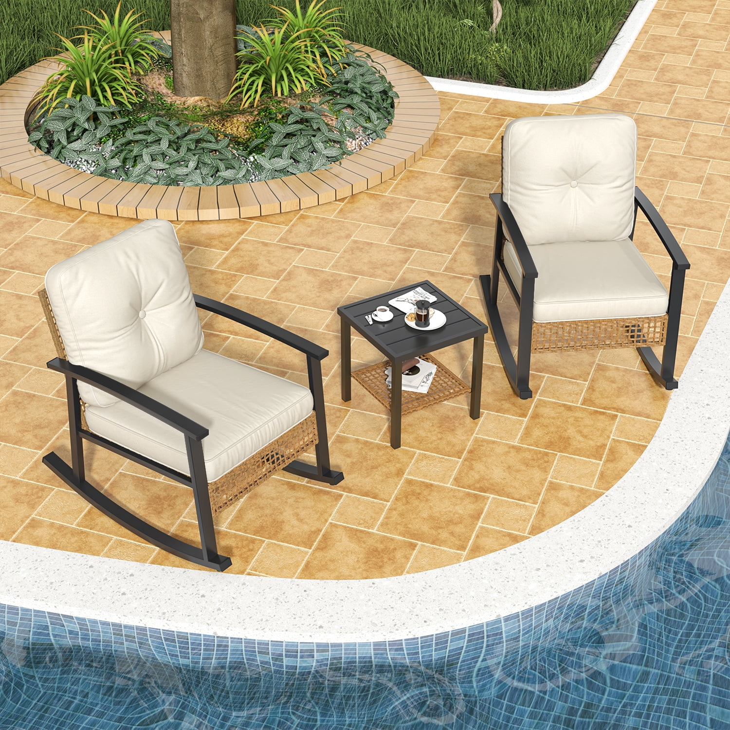 Clouddwell 3-Piece Patio Furniture Set,Steel Rocking Chair with Comfortable Cushions and Coffee Table.for Garden,Yard off-White