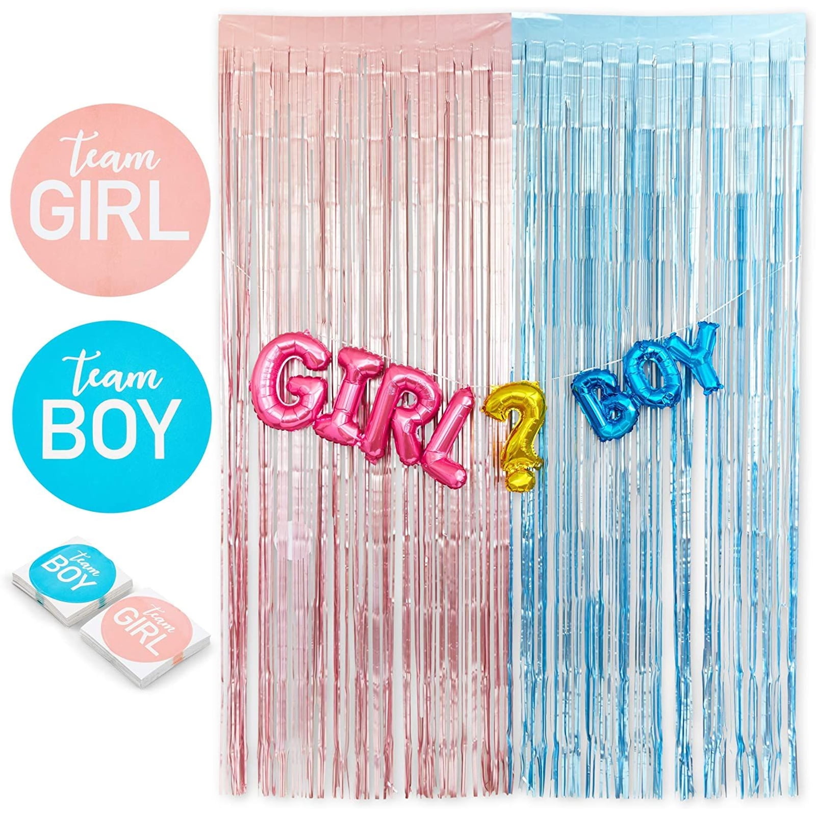 85pcs Gender Reveal Party Decorations Set - Pink & Blue Metallic Fringe Curtains Tinsel Backdrop, Balloons Banner & 80 Team Boy Team Girl Voting Game Stickers