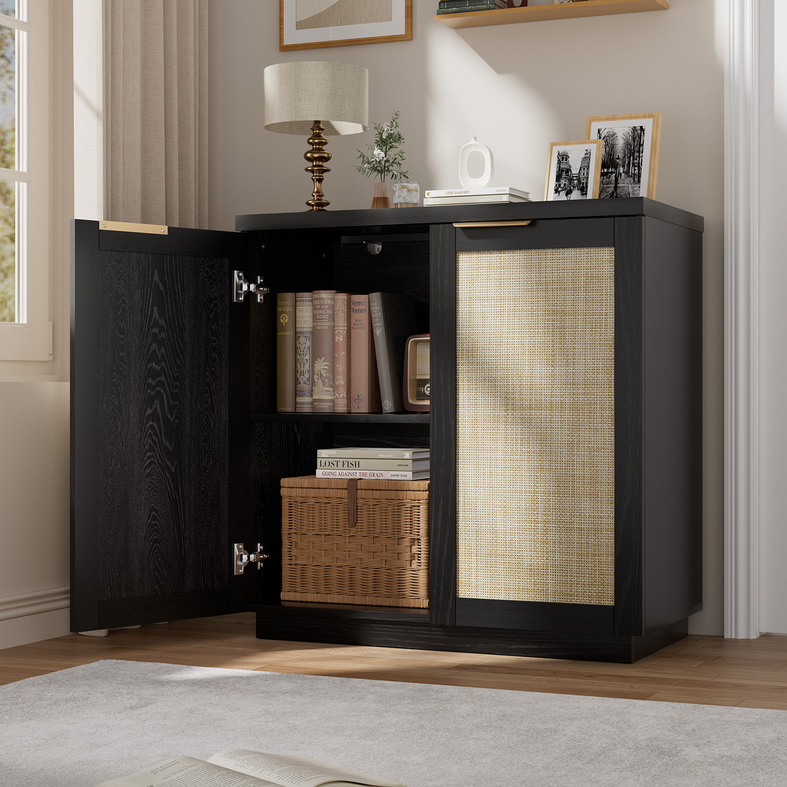 Hommpa Sideboard Buffet Cabinet Rattan Kitchen Storage Organizer Boho Farmhouse Accent Cabinets TV Console for Living Dining Room Coffee Bar for Party Holiday Festival Christmas Gift, Black