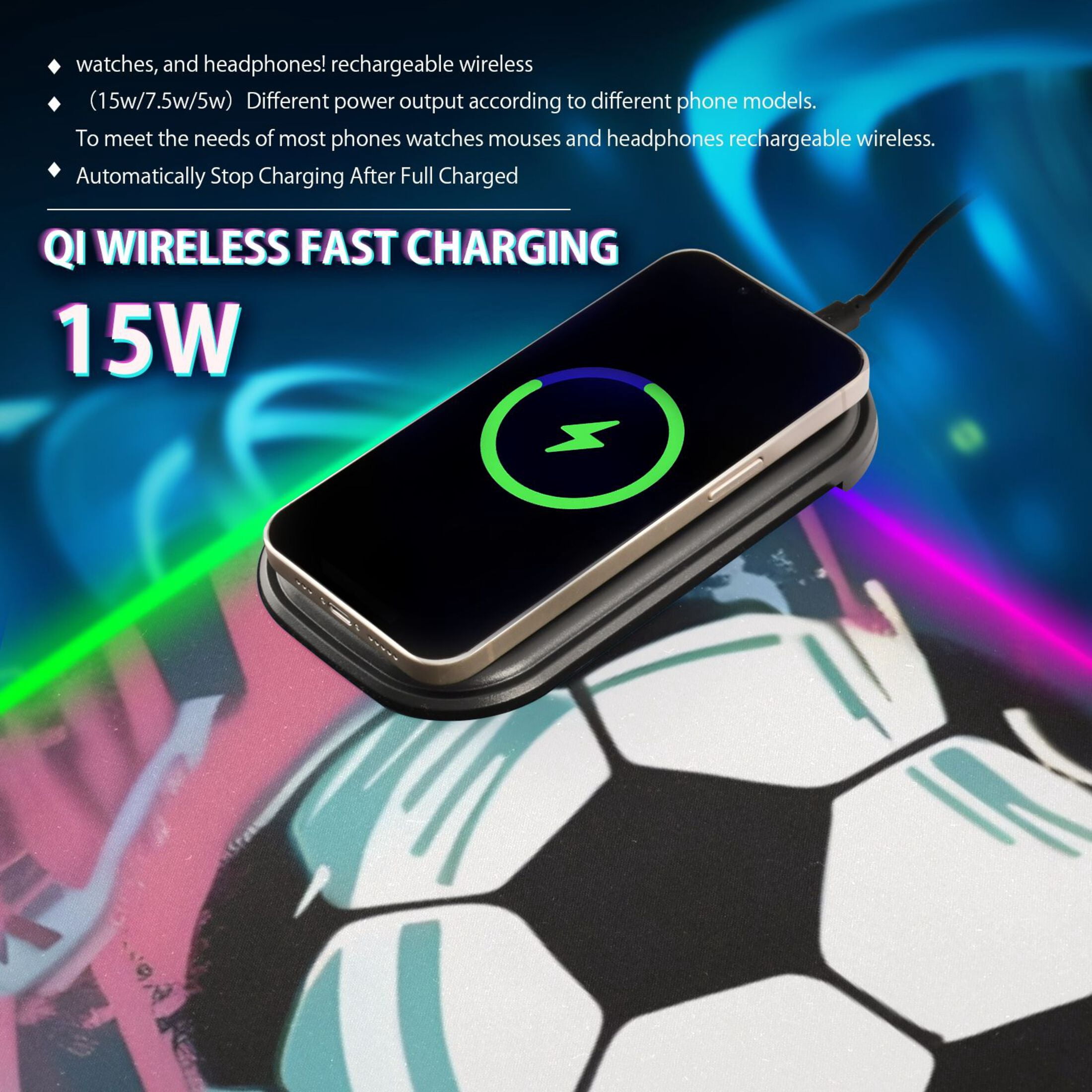 Wireless Charging Mouse Pad Large RGB Gaming Desk Mat 13 Light Modes Mousepad 31.5x11.8 Soccer Balls