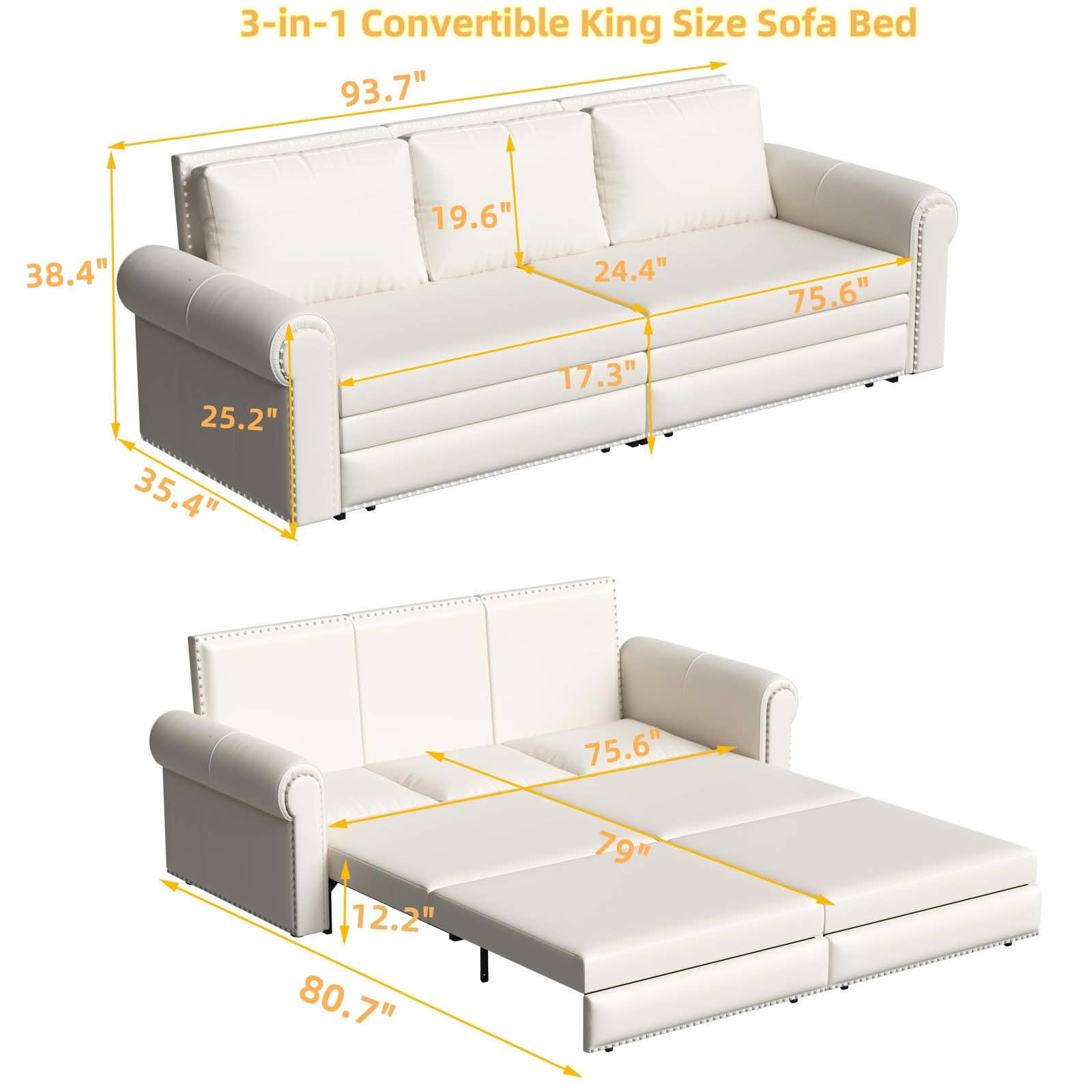 MAYEERTY 93.7" Chesterfield 3‑in‑1 Pull‑Out Sofa Bed, Faux Leather Sleeper Sofa with Nailhead Trim & Rolled Arms, King Size, 3 Pillows Included