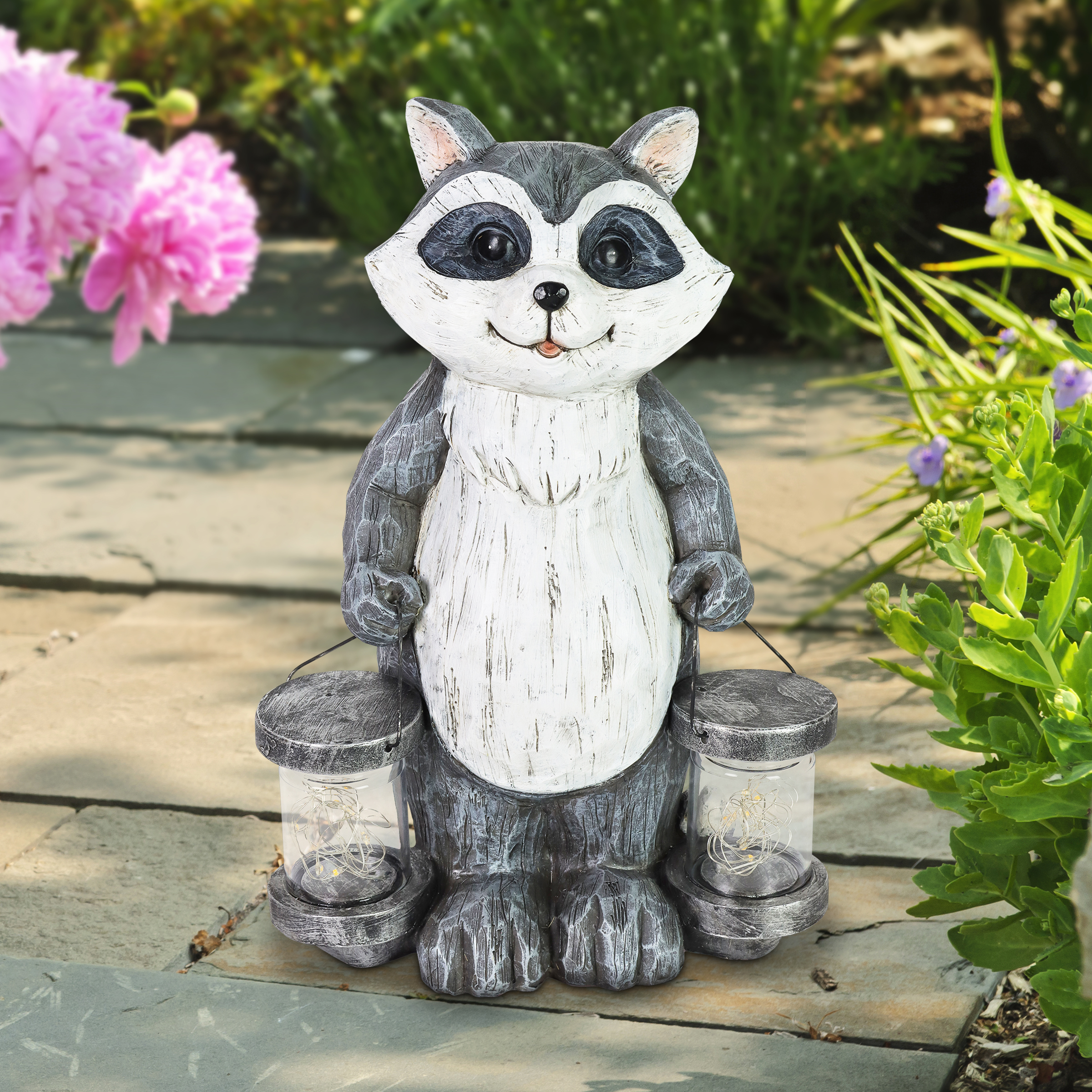 Exhart Solar Bear Garden Statue Holding A Glass Jar with Eight LED Firefly String Lights, 8.5 x 10.5 inch