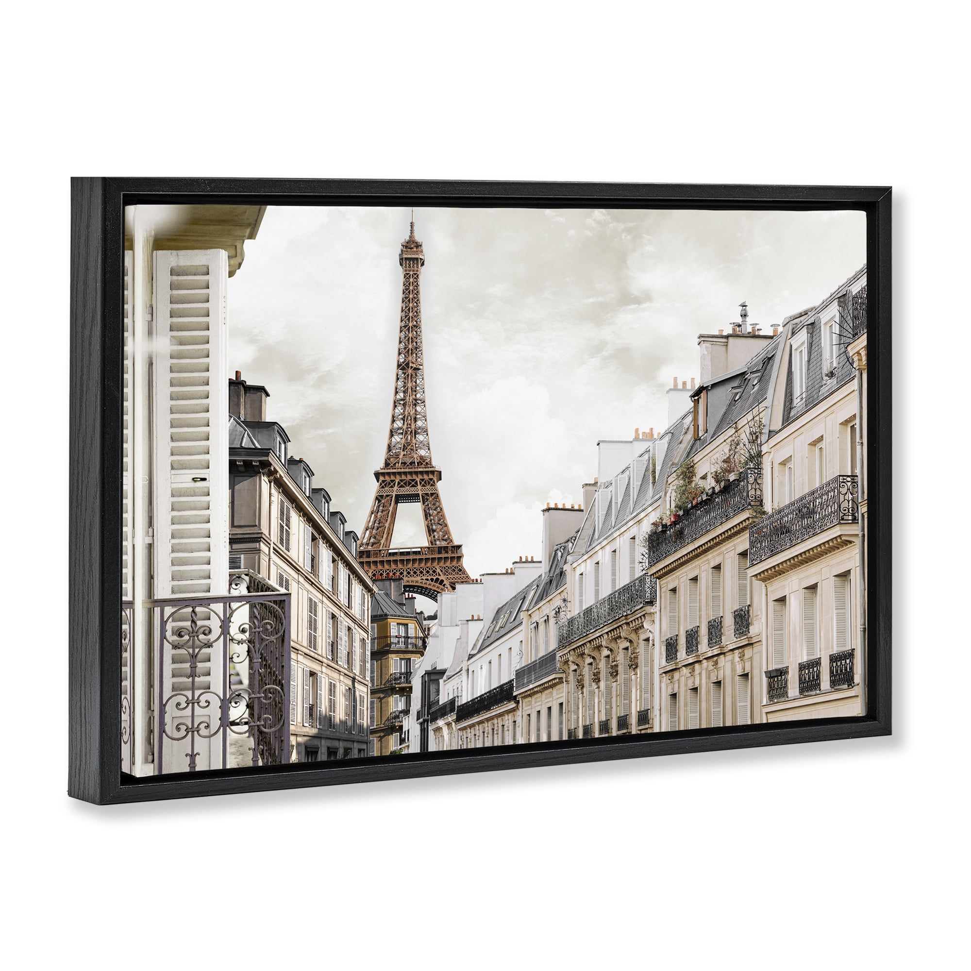 Stupell Industries Eiffel Tower Through Parisian Balconies Black Framed Floater Canvas Wall Art, design by CAD Designs
