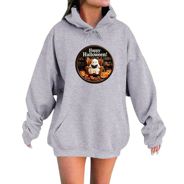 Chandail à Capuche Imprimé Halloween pour Femmes, Manches Longues, Décontracté, Automne Hiver, avec Poche à Cordon