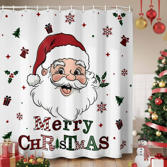 Christmas Santa Shower Curtain, Winter Xmas Snowflakes Holly Pine Tree Waterproof Fabric Shower Curtains with 12 Hooks, Bathroom Curtain Set for Bathroom Accessories Decor, 66 x 72 Inches