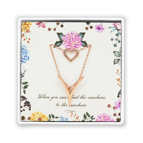 Valentines Gift for Her Fashion Rose gold Letter V Love Heart Double Chain Pendant Necklace Dainty layered Girlfriend Necklace With Jewelry Gift Box