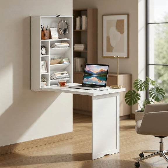 Spaco Wall Mounted Fold-Out Convertible Floating Desk Space Saver-White, Office Furniture, Portable Desk for Home and Office