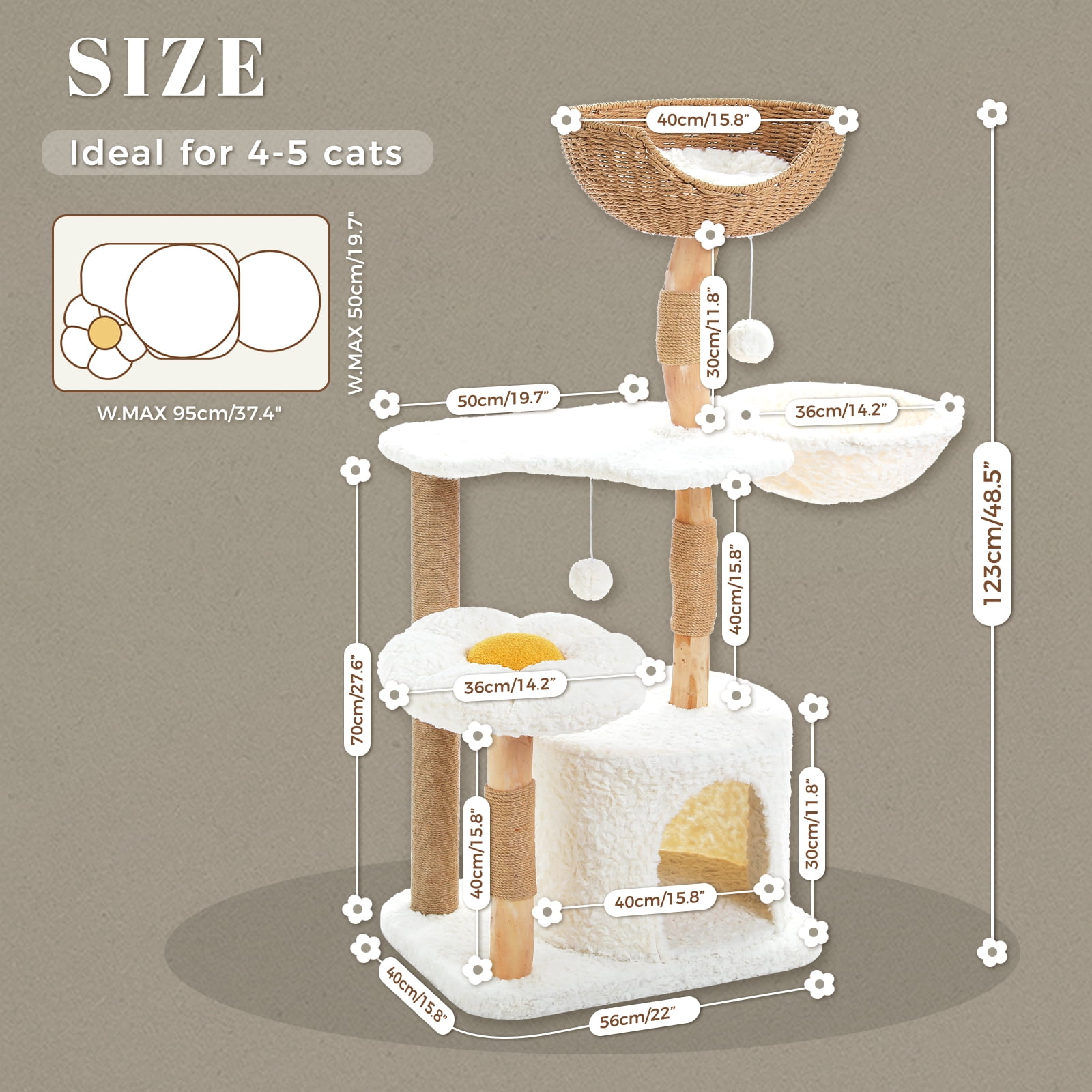 PEQULTI 48.5'' Solid Wood Cat Tree Cat Tower for Indoor Cats with Rattan Hammock&Flower Perch White