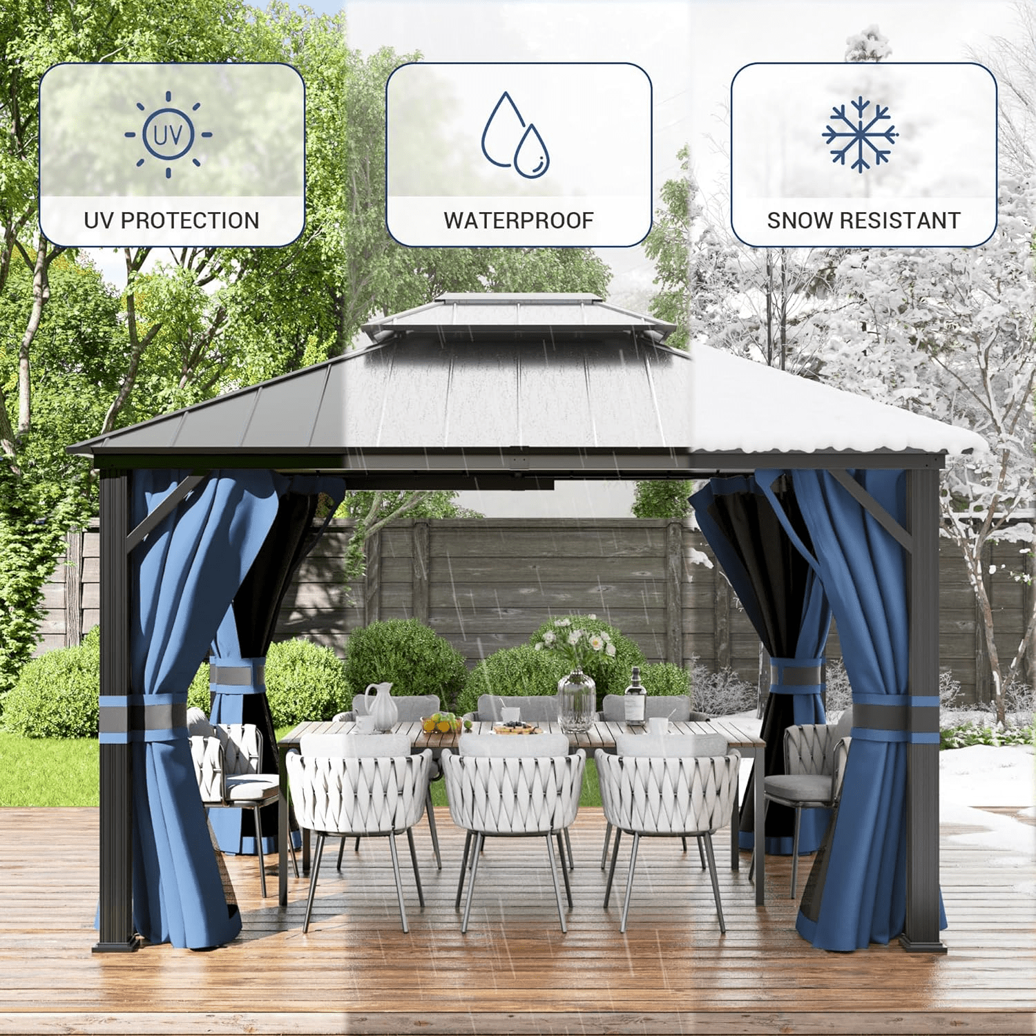 ELPOSUN Outdoor Living 12’ X 14’ Hardtop Gazebo Canopy with Netting & Curtains, Outdoor Aluminum Gazebo with Galvanized Steel Double Roof for Patio Lawn and Garden, Blue