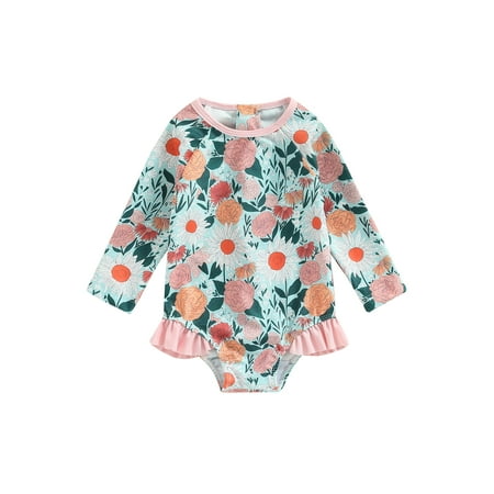 

Diconna Toddler Baby Girl Jumpsuit Swimsuit Flower Print Long Sleeve Ruffle Spring Summer Bikini Bathing Suit Green 3-4 Years