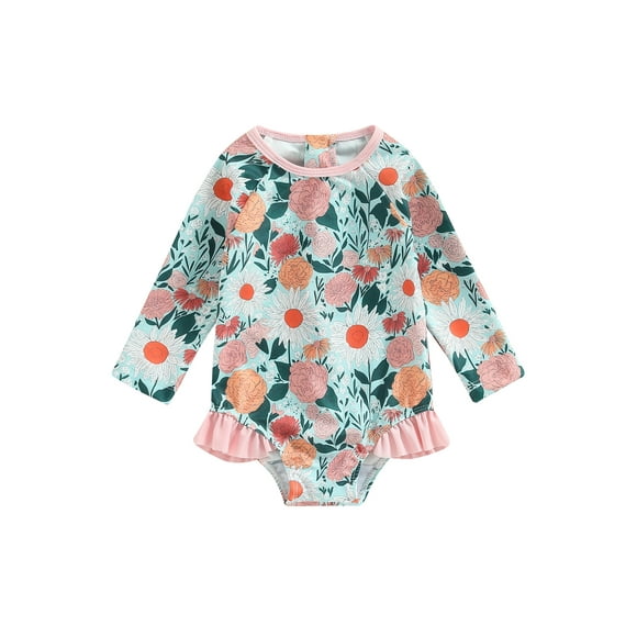 FAROOT Toddler Baby Girl Jumpsuit Swimsuit, Flower Print Long Sleeve Round Neck Ruffle One Piece