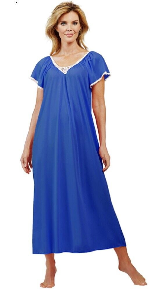 Shadowline Cameo Long Nightgown with Flutter Sleeve, Navy, Medium ...