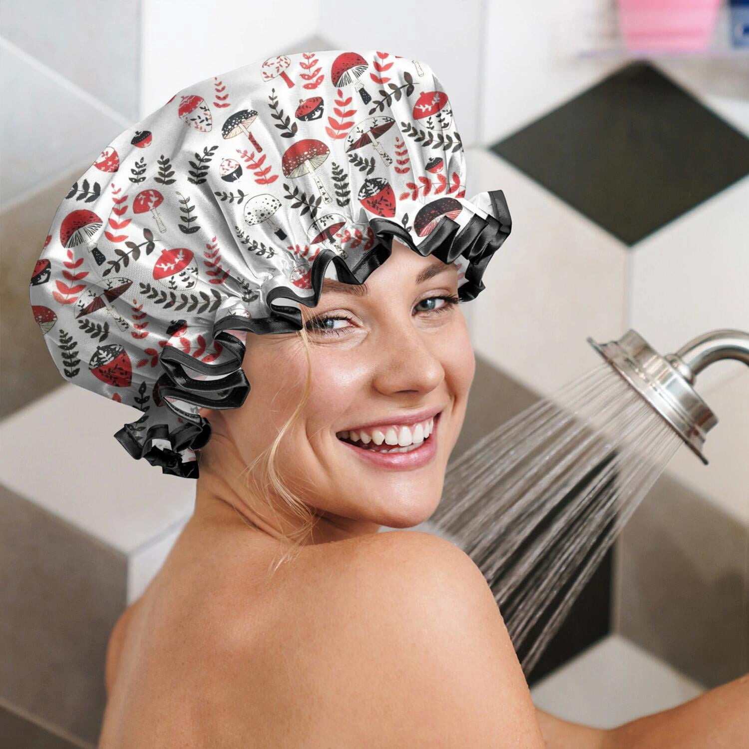 Shower Caps,Colorful Mushroom Floral White Pattern Waterproof Shower Cap for Women 4 Pieces,Double Reusable Hair Cover for Shower PEVA Elastic Stretch Hem