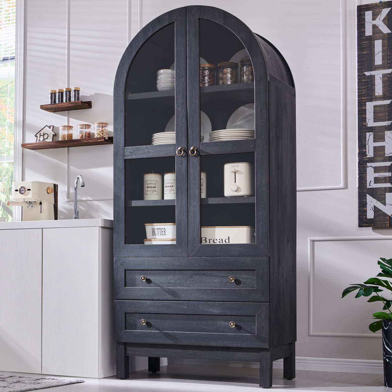 SinCiDo Arched Kitchen Pantry Storage Cabinet, 71" Tall Wood Pantry Shelves with 2 Doors & 2 Large Drawers for Dining Room Living Room