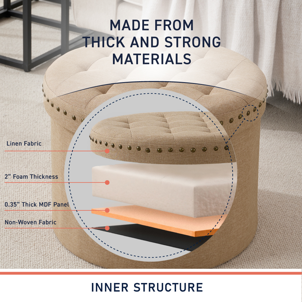 Ornavo Home Décor Large 20" Round Collapsible Ottoman with Storage with Nailhead Trim for Living Room and Bedroom - Linen Tan/Taupe