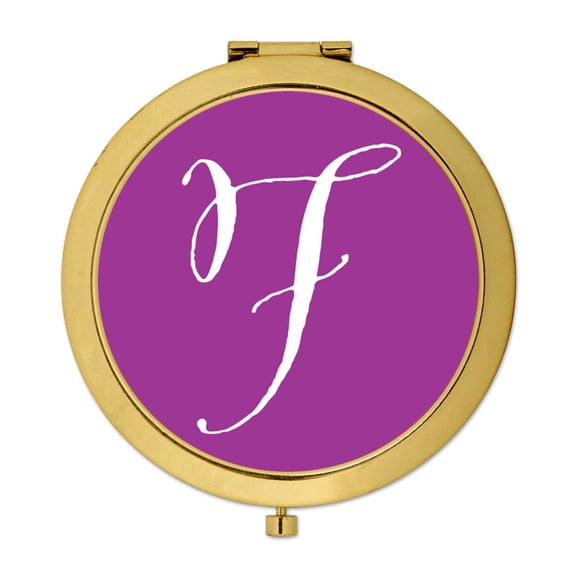 Koyal Wholesale Gold Compact Mirror Bridesmaid's Wedding Gift, Plum Purple, Monogram Letter F, 1-Pack