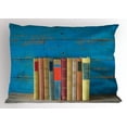 thumbnail image 1 of Bookshelf Pillow Sham, Cute Row of Nostalgic Books front of Grungy Blue Toned Paint Wooden Wall Photo, Decorative Standard Queen Size Printed Pillowcase, 30" X 20", Multicolor, by Ambesonne, 1 of 2