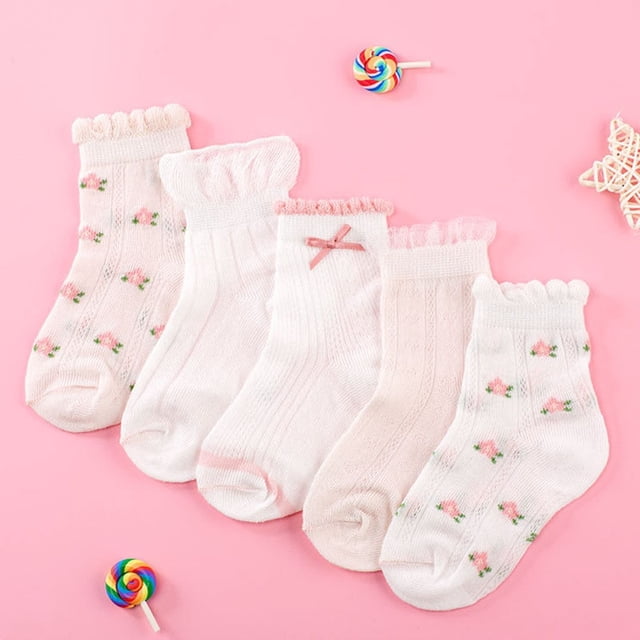 Calcetines para niñas, 5 par/lote, calcetines de algodón para primavera y verano para niños, patrón de flores bonitas para niños y bebés Tan Jianjun unisex