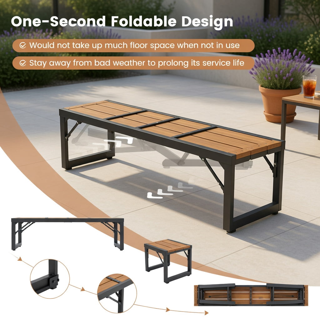 Hommoo Folding Rectangular Picnic Bench Set, Acacia Wood & Metal Outdoor Dining Bench for Patio, Camping, BBQ, and Poolside, Space-Saving Foldable Design, Natural