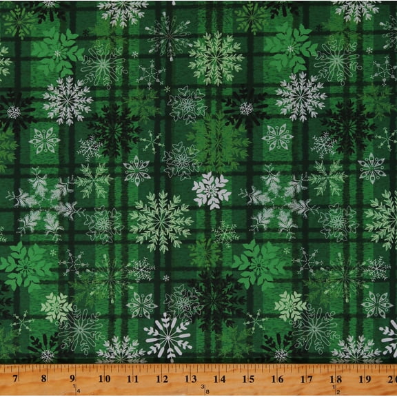 Cotton Snowflakes Snow Winter Holiday Seasonal Christmas Plaid Patterned Green Cotton Fabric Print by the Yard (14393-44)
