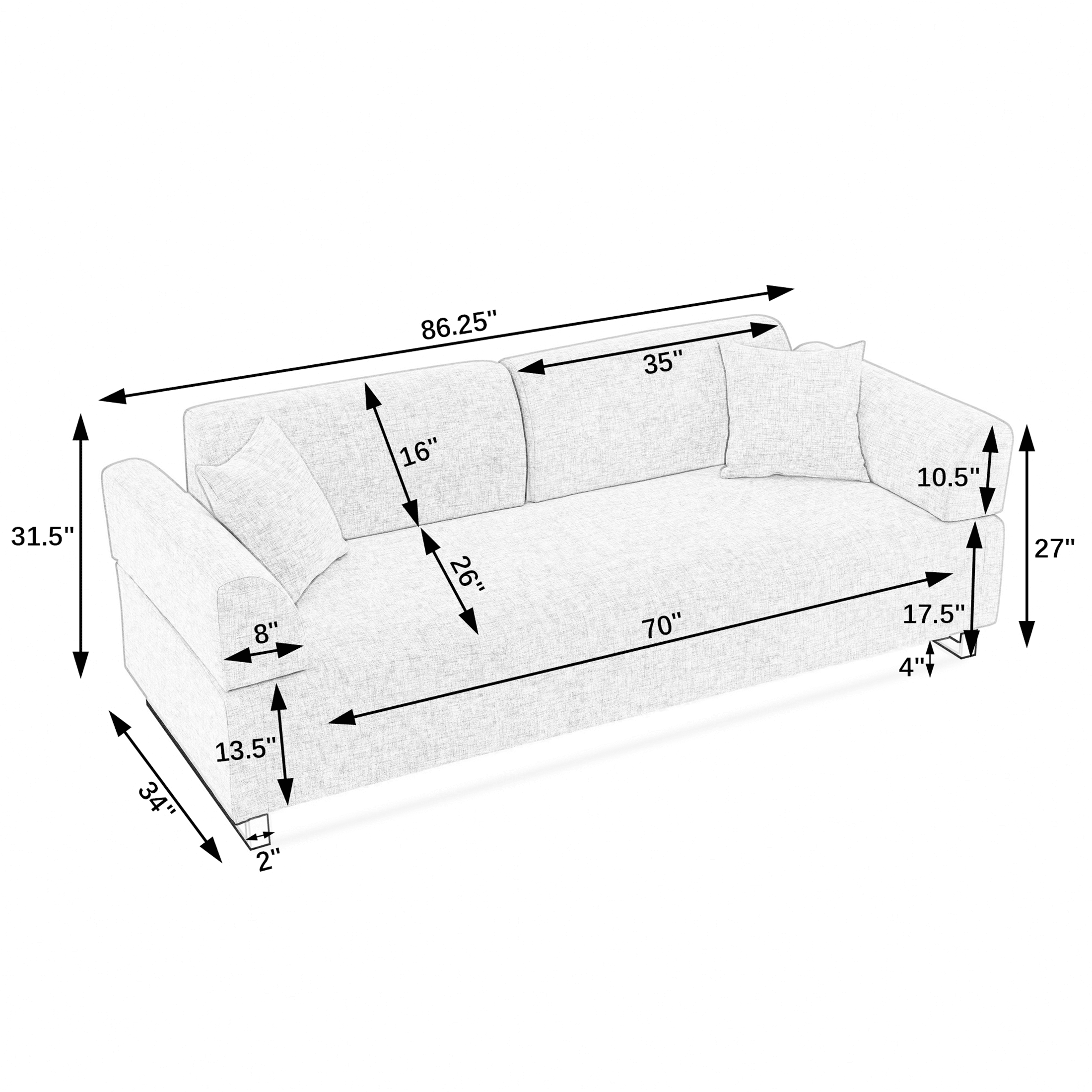Aukfa 86" 3 Seater Sofa Couh for Living Room, Linen Upholstered Convertible Sleeper Sofa, Beige