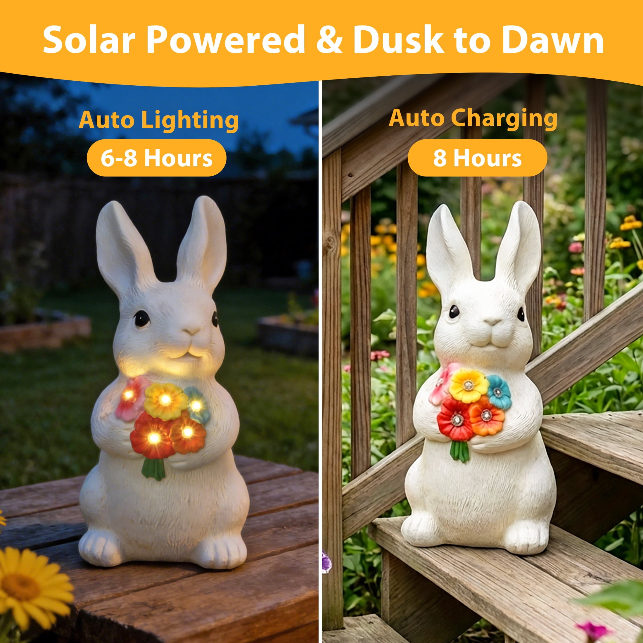 The Growing Ground Solar Bunny Garden Statue with LED Light, Outdoor Resin Rabbit Lawn Decor for Garden, Patio, Pathway, 10.4"H, Cream