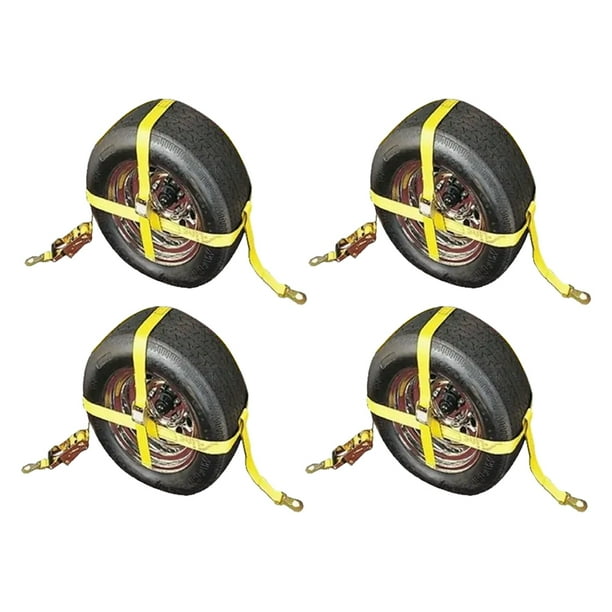 Yellow HighViz Tire 2Point Wheel Tie Down Ratchet Strap Kit