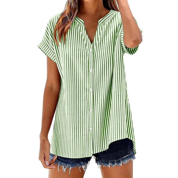 Olyvenn Cotton Short Sleeve Button Down Shirts for Women Gingham Plaid Striped Tops V Neck Casual Loose Blouse Green XL