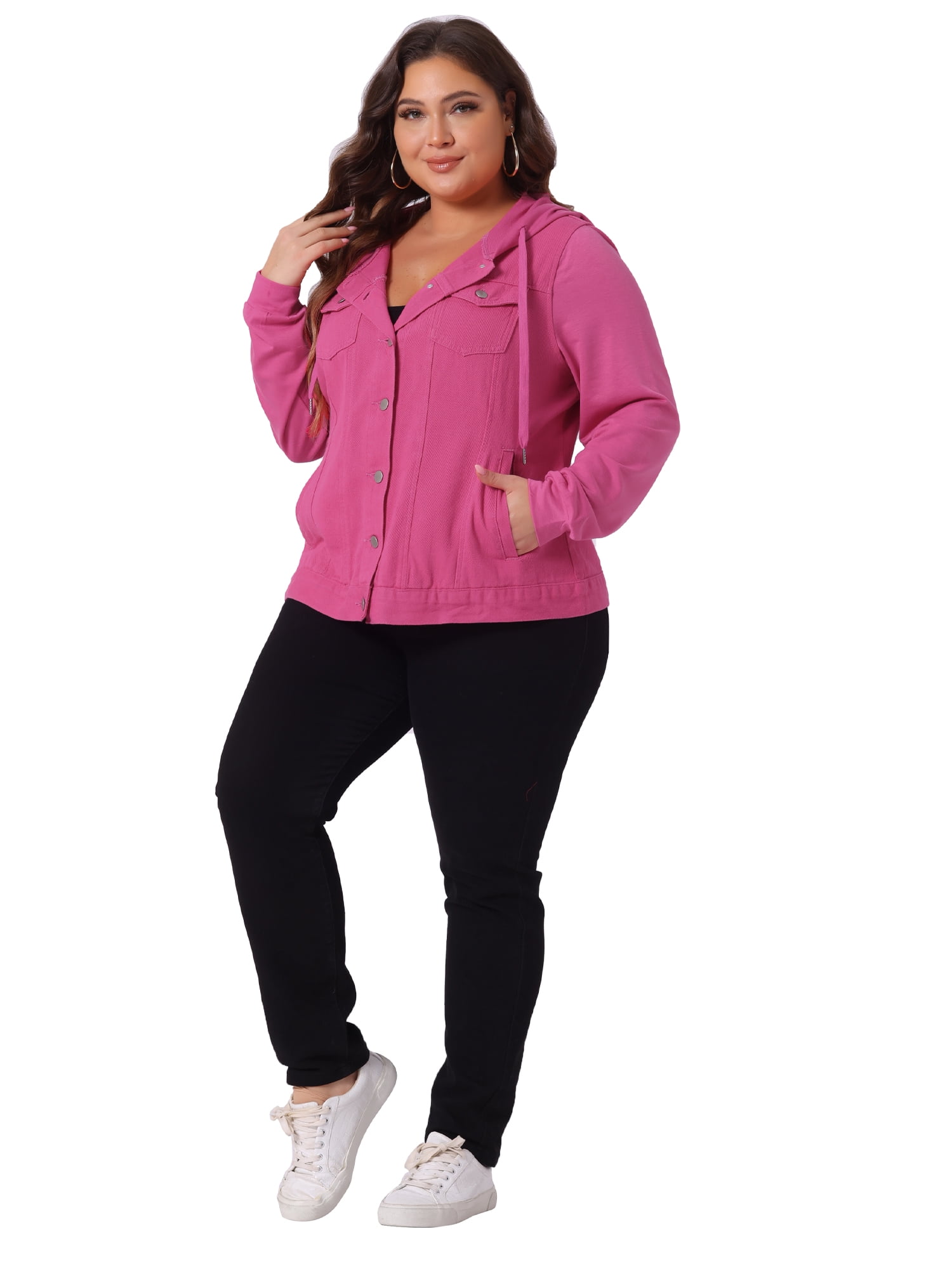 DARING DIVA Women's Plus Size Hood Long Sleeve Hoodie Jean Jacket 2X Hot Pink