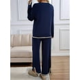 thumbnail image 4 of Womens Two Piece Outfits Casual Long Sleeve Knit Sweater Tops Matching Wide Leg Pants Tracksuit Lounge Sets Navy Blue XL, 4 of 5