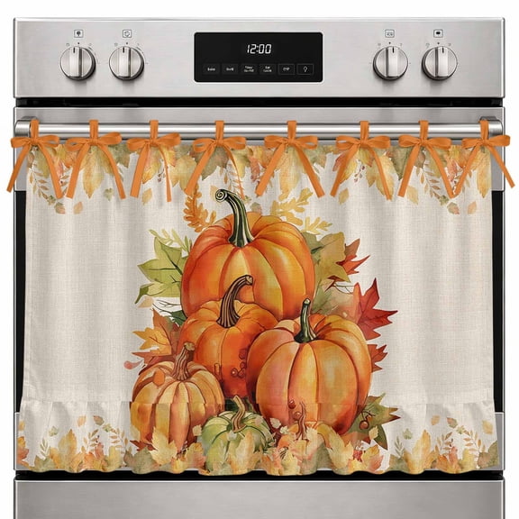 Fall Thanksgiving Oven Skirt Curtain for Kitchen, Stove Cabinet Dishwasher Curtain with Ruffled Trim & Ribbon Ties, Rustic Orange Pumpkin Harvest Maple Leaf Appliance Cover for Door Over Sink