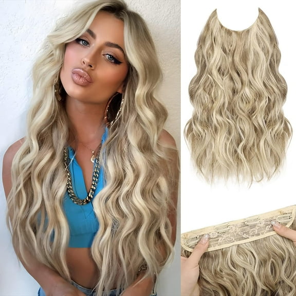 Invisible Wire Hair Extensions - 20 Inch Halo Hair Extensions Auburn Long Wavy Synthetic Hairpiece with Transparent Wire Adjustable Size, 4 Secure Clips for Women