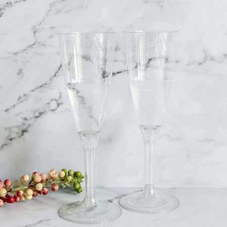 BalsaCircle 6 pcs 4 oz Plastic Glittered Tall Champagne Flutes - Disposable Wedding Party Tableware