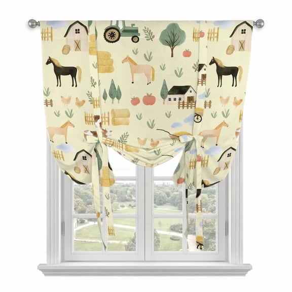 Cartoon Farmhouse Balloon Curtains for Living Room/French Door, Cute Watercolor Cabin Animals Trees Yellow Tie Up Curtains 63 Inch Length Energy Saving Kitchen Curtains Shades for Windows 42"x63"