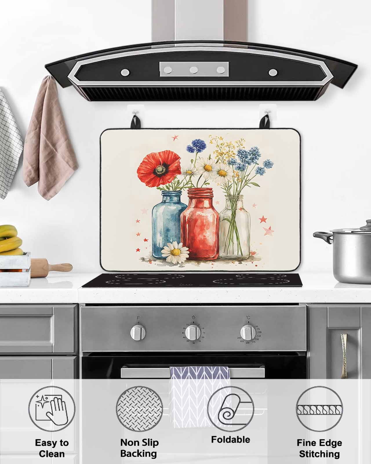nqOlkjepod Large Induction Cooktop Protector Mat 24"x21", Vintage Flower Stove Top Covers for Electric Stove, Red Blue Bottle Floral Country Plant Stove Burner Cover Mats, Glass Top Stove Cover