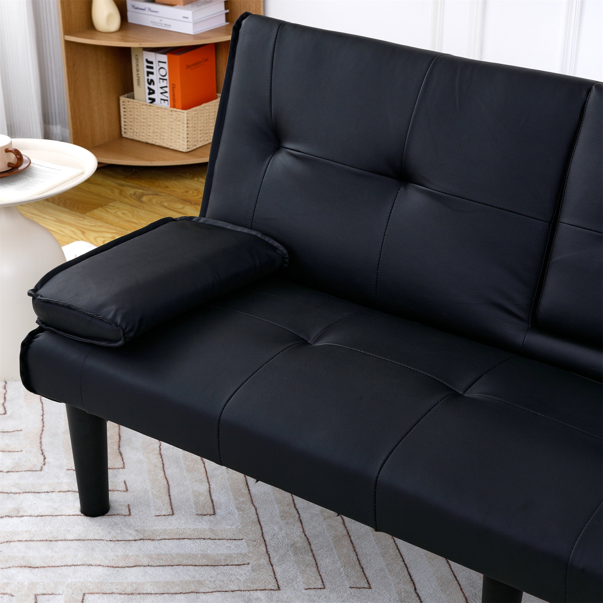 Aukfa Leather Futon Convertible Sofa Bed for Home Office, 2 Cup Holders&Pillows, Black