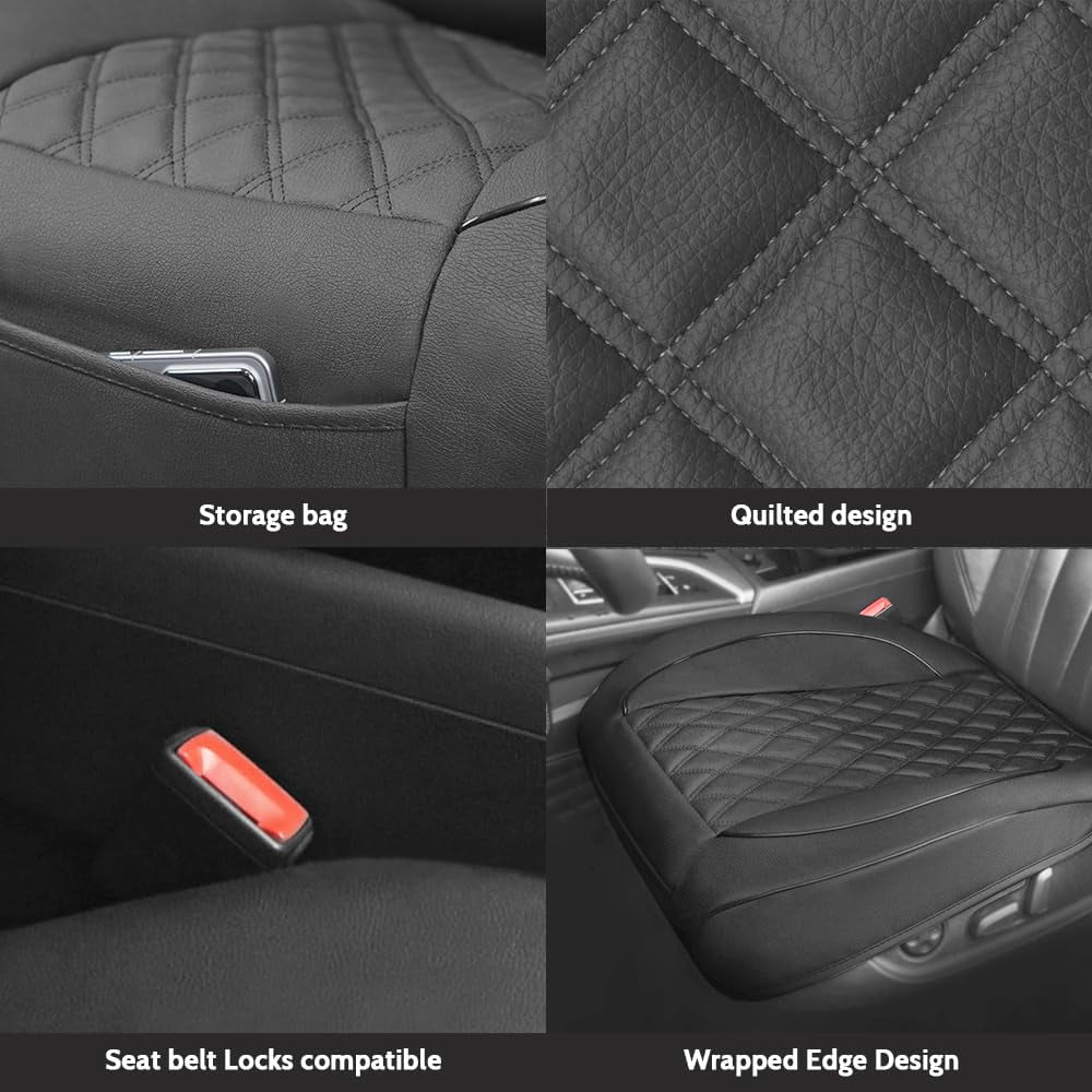 Autoking Cover Leather Front Car Seat Cover, Anti-Slip and Full Wrap Driver Car Seat Protectors with Storage Pocket, Luxury Bottom Auto Seat Cushion (Black)