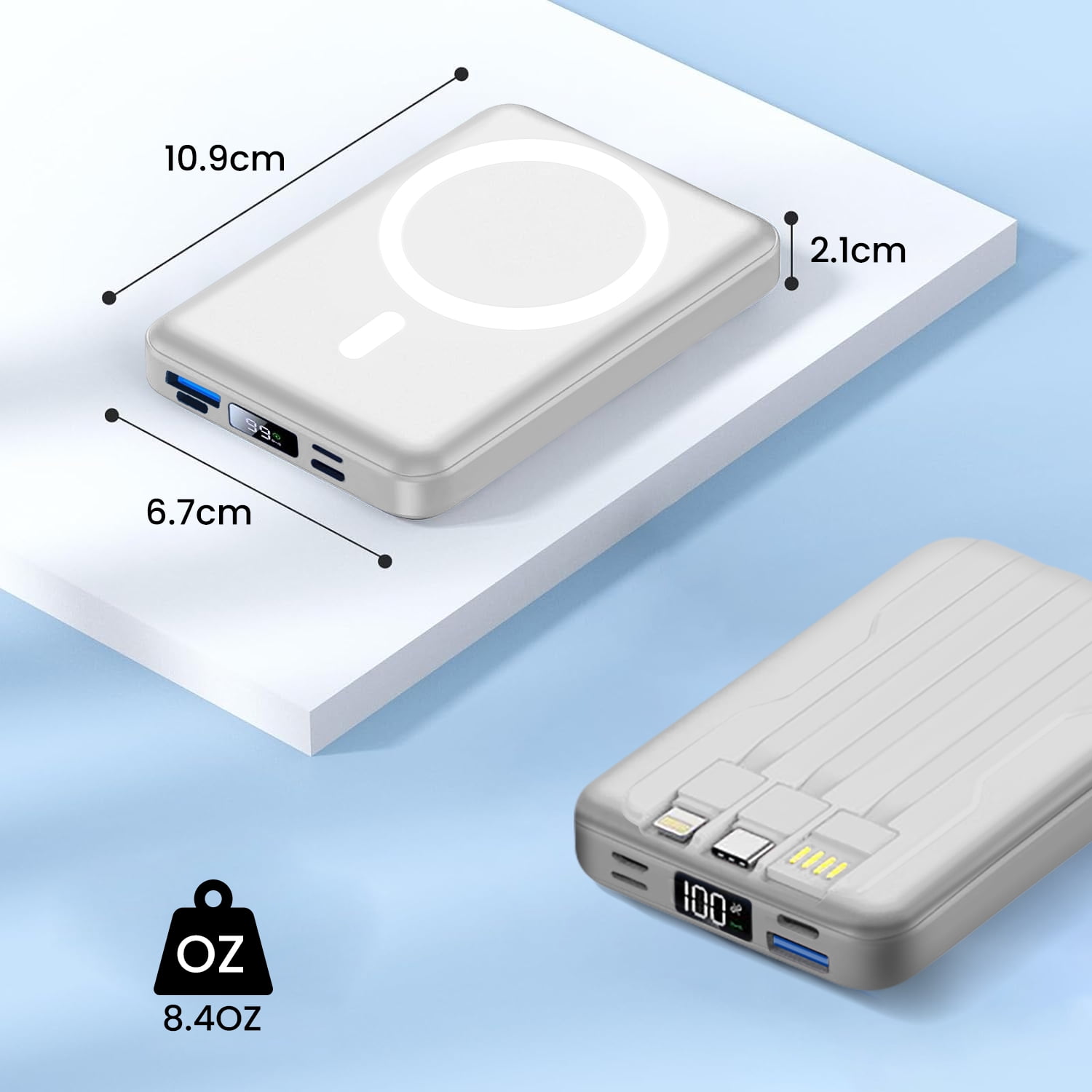 GASYESOY Portable Charger,10000mAh 20W Power Bank,Built-in Cables Fast Charging,with LED Display for iPhone 16/15/14/13/12 and Android,White