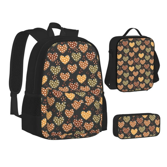 Pofeuu Heart Print Backpack Travel Backpacks With Lunch Bag Pencil Bag Set 3 pcs Set Cartoon Backpack