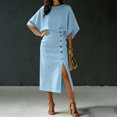 thumbnail image 5 of RFQWOVSR Women's Solid Color Elegant Round Neck Short Sleeve Top Midi Skirt 2 Piece Set Casual Office Summer Dress Outfit S, 5 of 6