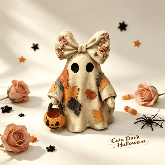 Vintage Patchwork Ghost Halloween Decor | Vintage resin ghost statue with a cute spooky design for Halloween shelves, mantels, desks, and indoor home or office decor.