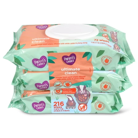 Parent's Choice Ultimate Clean Baby Wipes, Fresh Scent, 3 Flip-Top Packs (216 Total Wipes)