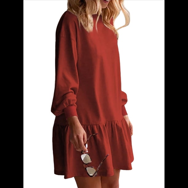 Vestido Estilo Sudadera de Larga para Mujer, Otoño 2025, Cuello Redondo, Punto Acanalado, Patchwork, Minivestidos Informales. Rojo XL