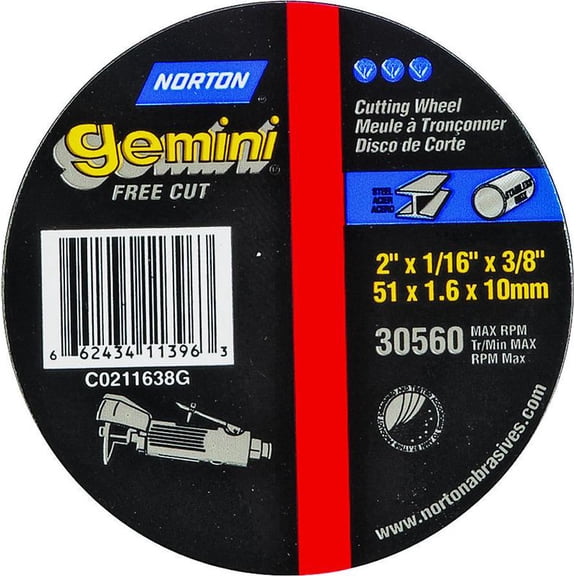 Norton 11396 Type 1 Cut-Off Wheel, 2 in Dia x 1/16 in T, 3/8 in Arbor