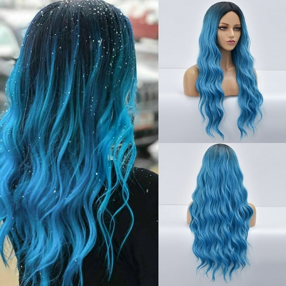TopLLC Wigs European And American Gradient Blue Long Curly Hair High Temperature Silk Wig Front lace