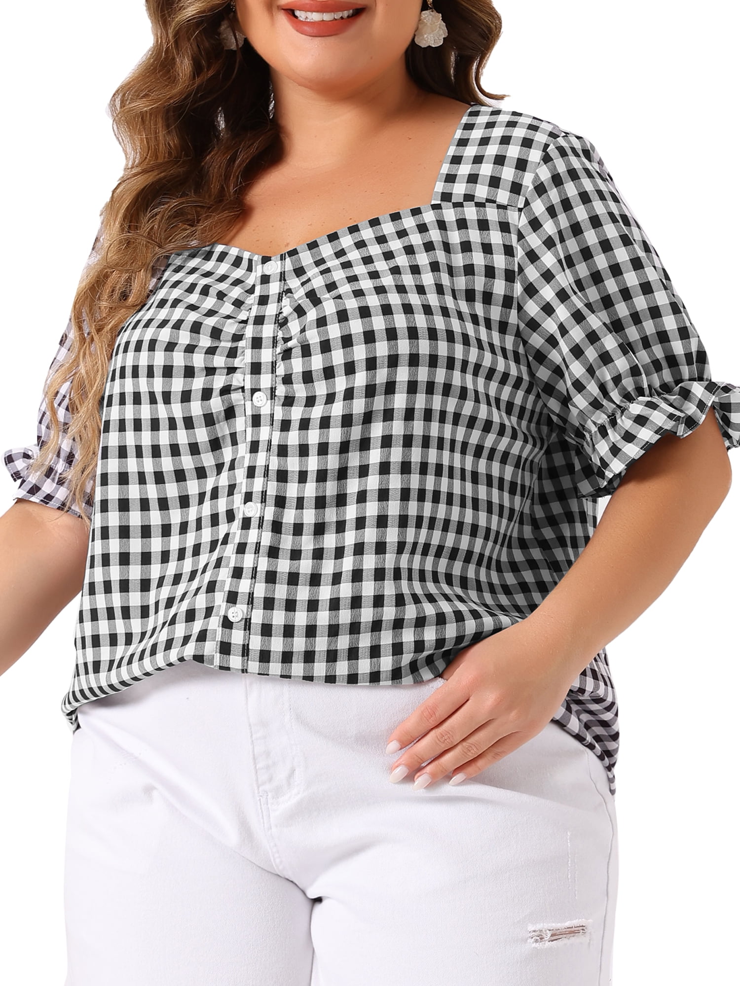 DARING DIVA Women's Plus Size Sweetheart V Neck Puff Short Sleeve Blouse 2X Black White